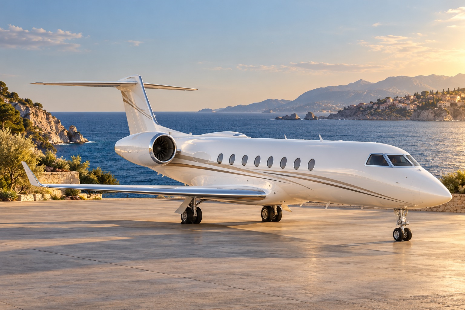 Illustrative private jet beside a coastal airfield