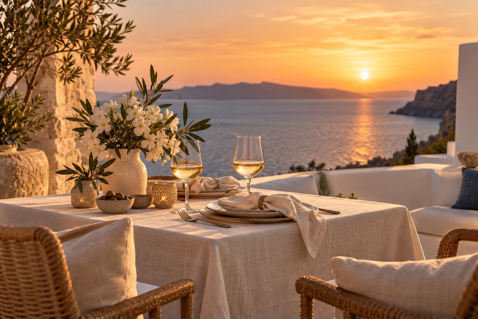 Illustrative dining table thoughtfully prepared on a coastal terrace